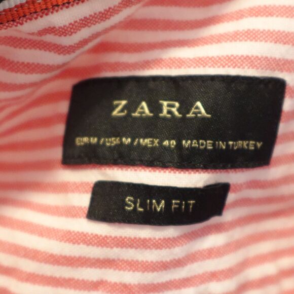 Zara Men M Shirt 100% Cotton Long Sleeve Slim Fit Button Down Striped Red White - Picture 5 of 7